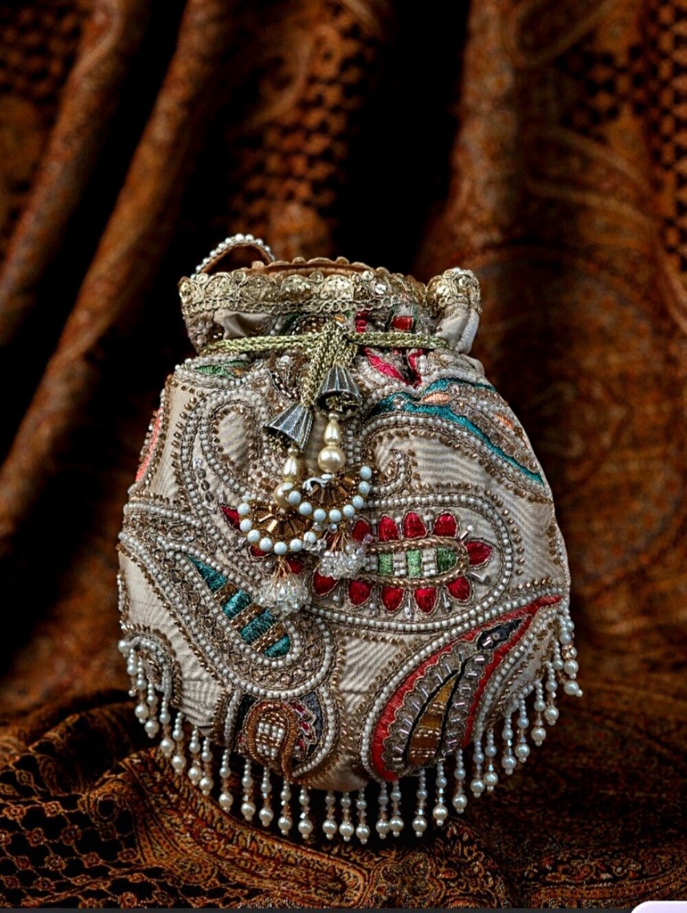 Embellished Ivory Indian Potli Bag with Multicolor Beading